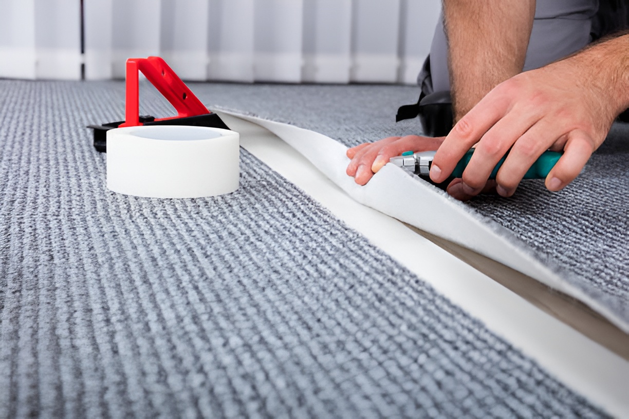 man installing gray carpet flooring